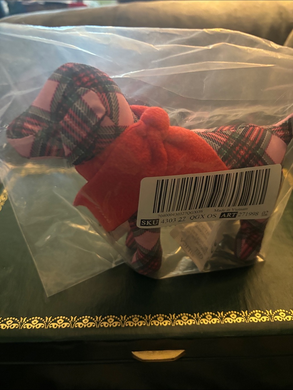 PINK Victoria's Secret Pink Plaid Dog Plush with Red Bow Collar